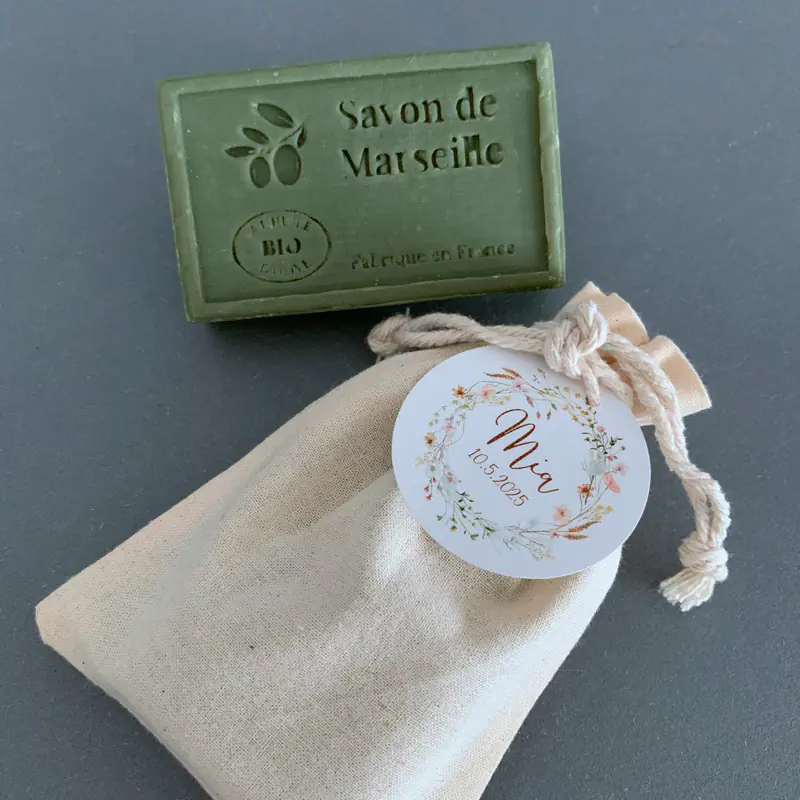 JABÓN DE MARSELLA CON BOLSA DE ALGODÓN Y ETIQUETA PERSONALIZADA