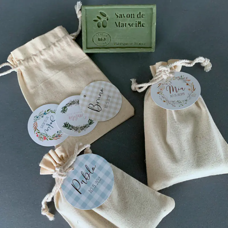 JABÓN DE MARSELLA CON BOLSA DE ALGODÓN Y ETIQUETA PERSONALIZADA